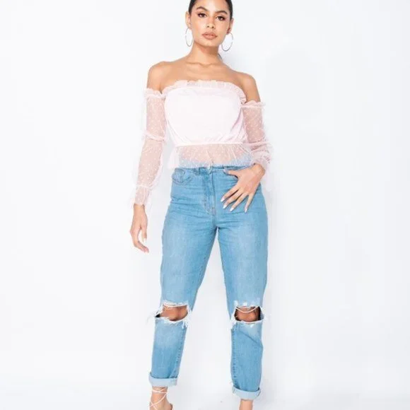 Blue High Waist Distressed Ripped Cuffed Boyfriend Jeans Denim Pants - Picture 4 of 16